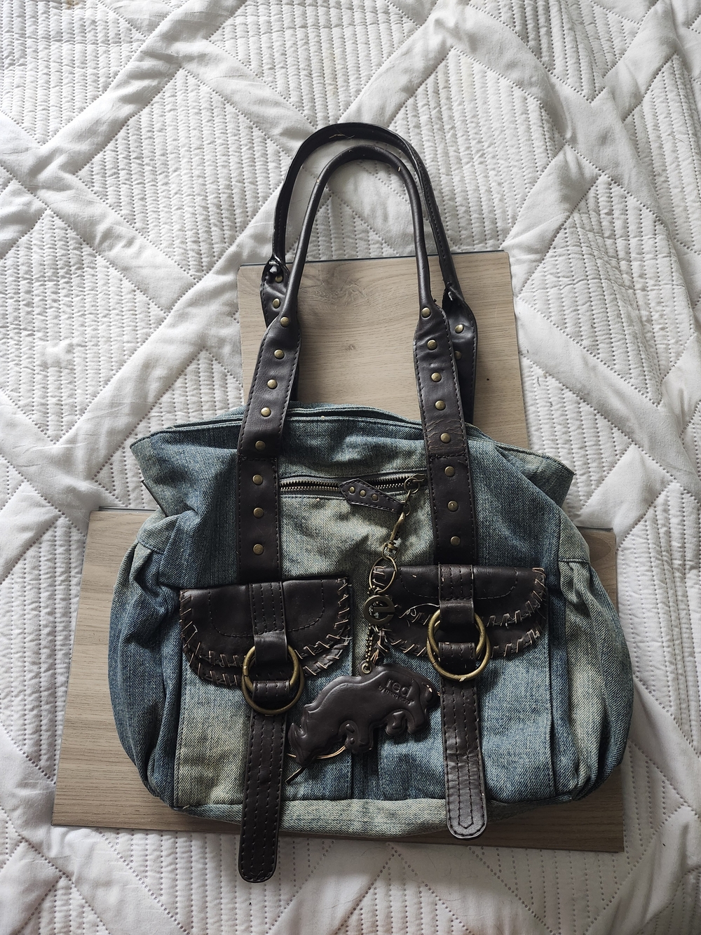 Red by Marc Ecko Y2K Denim and Dark Brown Faux Leather Tote Bag Shoulder Bag